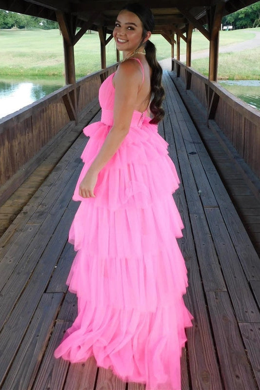 Spaghetti Straps Pink A Line Long Prom Dress With Layered Long Party Dress