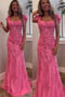 Short Sleeves Pink Mermaid Tulle Long Prom Dress, Applique Evening Dress