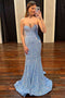 Sleeveless Light Blue Sweetheart Mermaid Long Prom Dress With Sequins