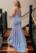 Sleeveless Light Blue Sweetheart Mermaid Long Prom Dress With Sequins