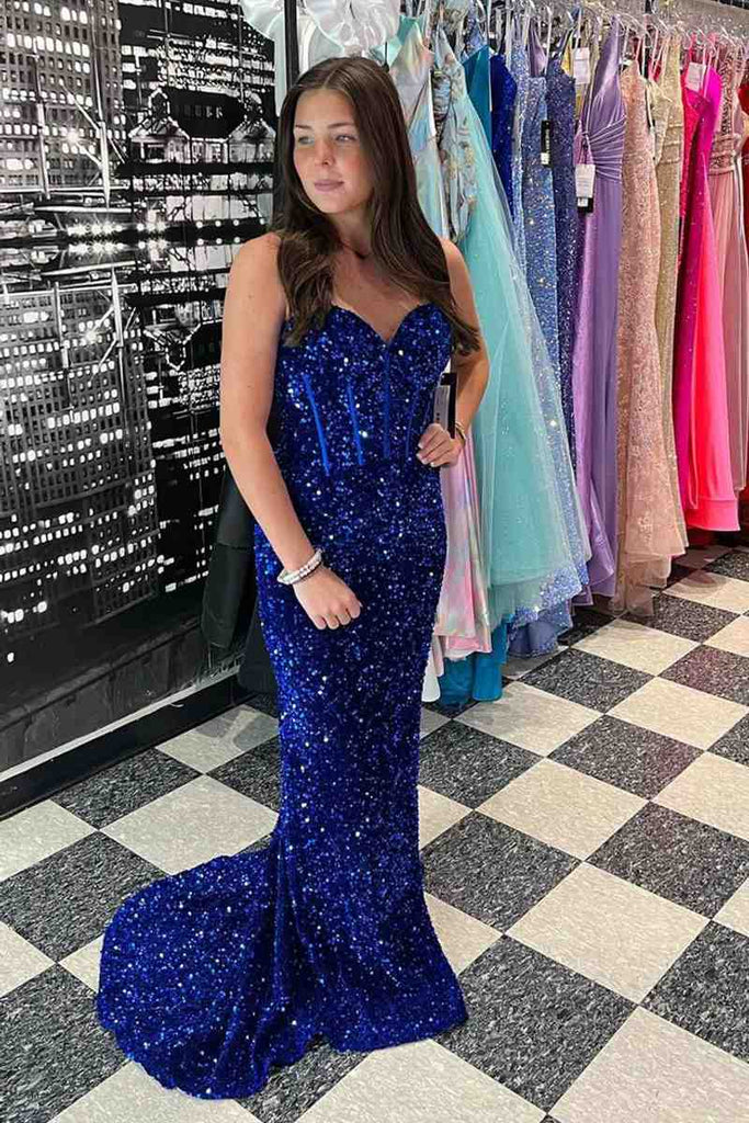 Sleeveless Light Blue Sweetheart Mermaid Long Prom Dress With Sequins