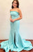 Strapless Blue Mermaid Fitted Slit A Line Long Prom Dress With Ruffles