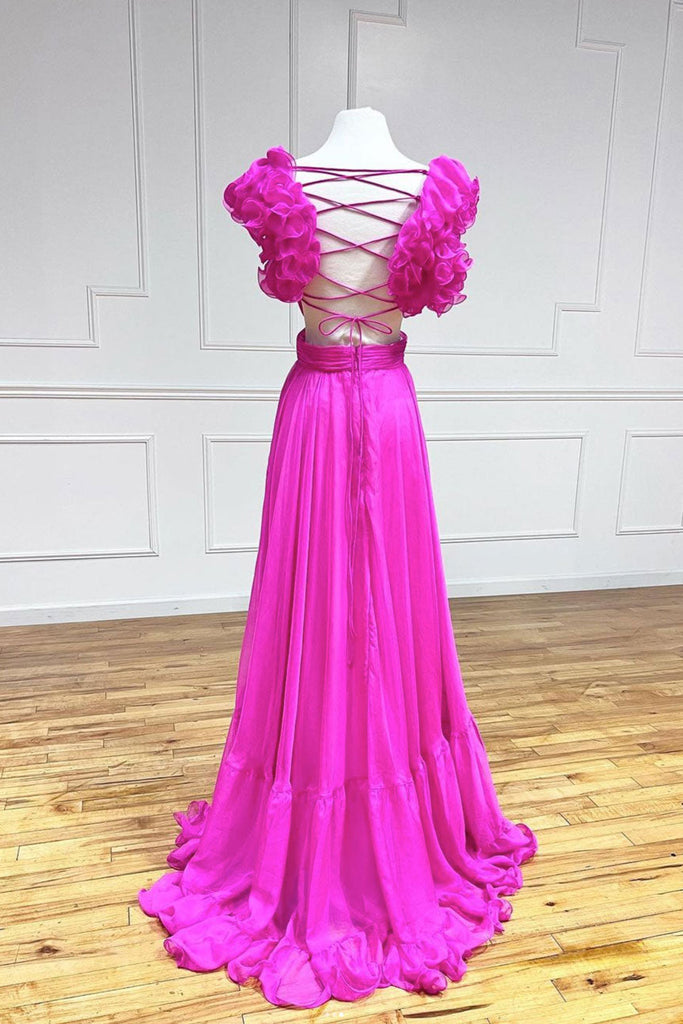 V Neck Fuchsia A Line Sleeveless Floor Length Long Prom Formal Dress