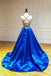 Spaghetti Straps Blue Sleeveless V Neck Satin A-Line Long Prom Dress