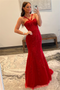 Halter Straps Red Mermaid Tulle Long Prom Evening Dress With Appliques