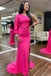 Two Pieces Hot Pink One Shoulder Mermaid Long Prom Dress With Slit