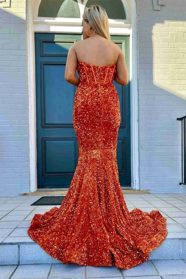 Sweetheart High Split Red Mermaid Long Prom Party Dress With Sequins
