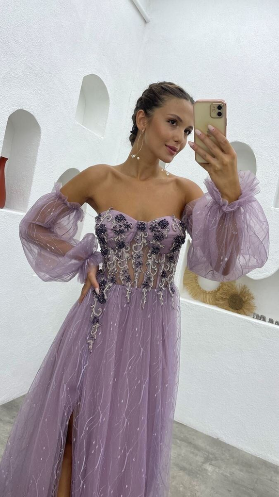 Sweetheart Purple Corset Beading Long Prom Dress With Detachable Sleeves