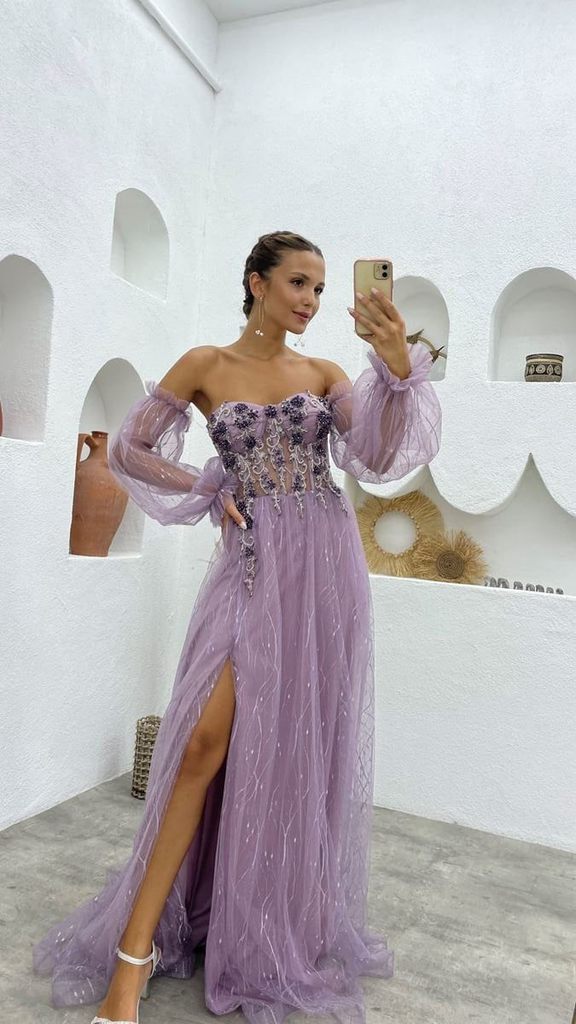 Sweetheart Purple Corset Beading Long Prom Dress With Detachable Sleeves