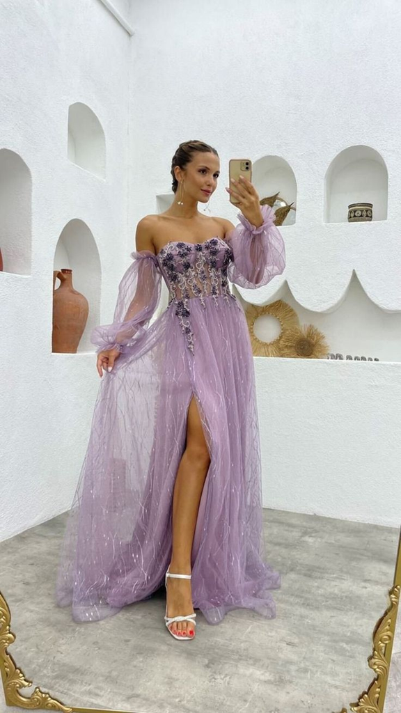 Sweetheart Purple Corset Beading Long Prom Dress With Detachable Sleeves