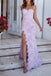 Spaghetti Straps Lilac Sweetheart Mermaid Lace Prom Dress With Split