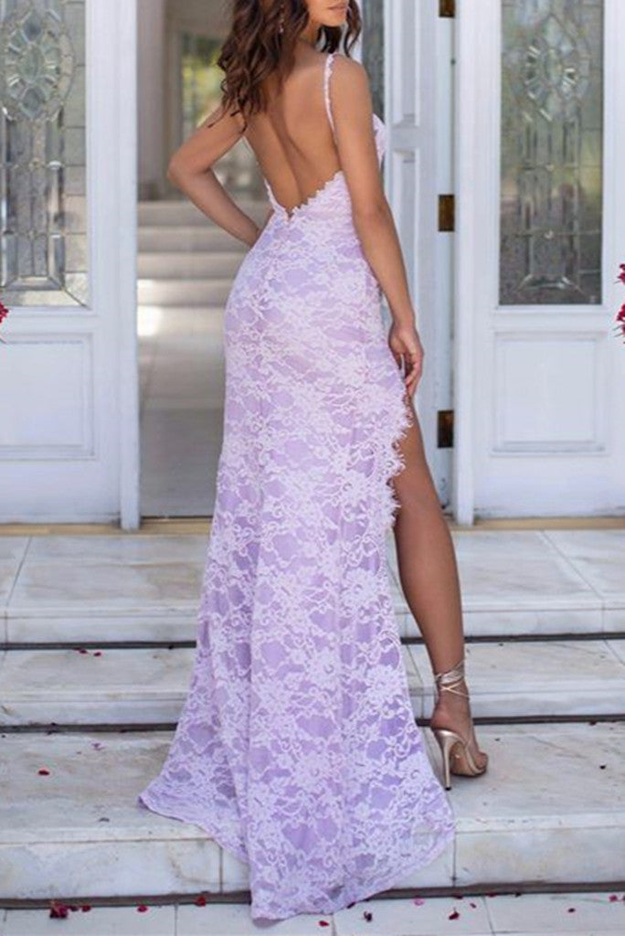 Spaghetti Straps Lilac Sweetheart Mermaid Lace Prom Dress With Split