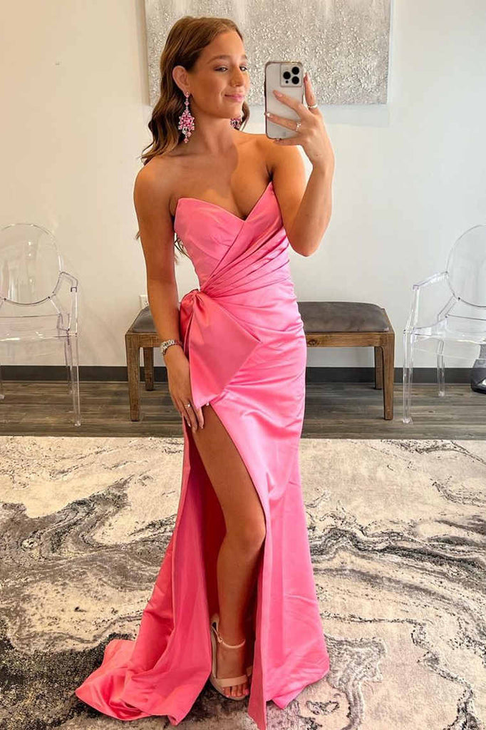 Sweetheart Side Slit Pink Strapless Long Prom Dress With Bowknot