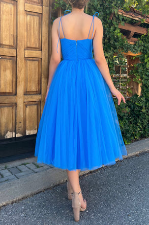 Spaghetti Straps Sky Blue Backless Long Prom Dress, Tulle Sweet 16 Dress