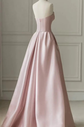 Strapless Pink A Line Satin Tulle Long Prom Dress, Sleeveless Pink Party Gown
