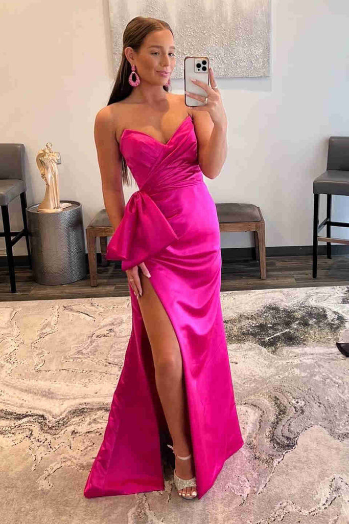 Sweetheart Side Slit Pink Strapless Long Prom Dress With Bowknot