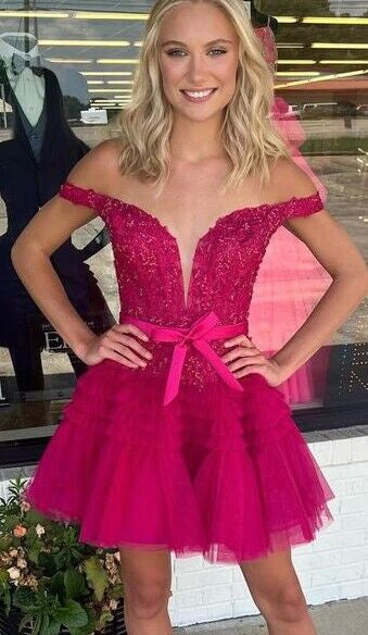 Off the shoulder Hot Pink A-Line Short Homecoming Dress With Layers