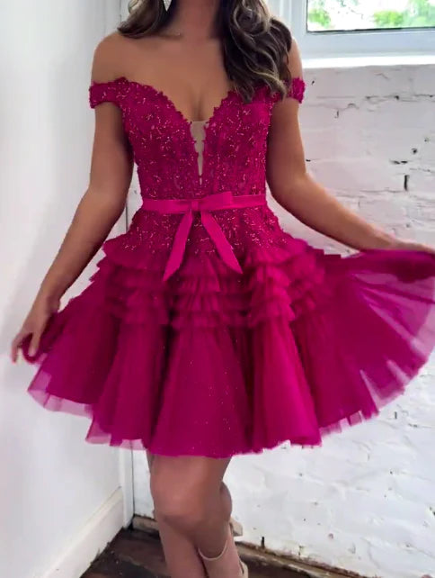 Off the shoulder Hot Pink A-Line Short Homecoming Dress With Layers