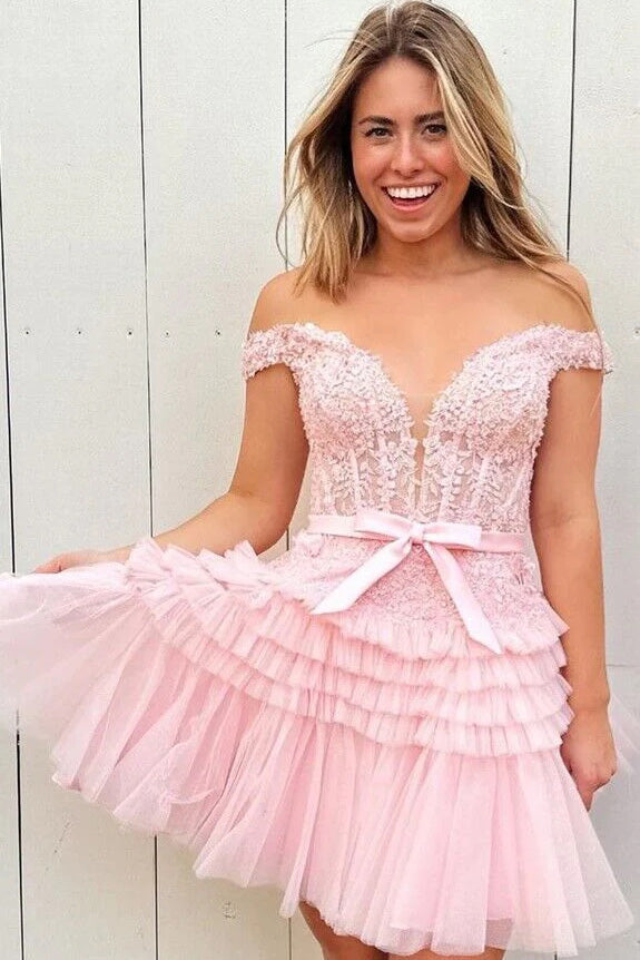 Off the shoulder Hot Pink A-Line Short Homecoming Dress With Layers