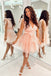 A Line Peach Tulle Homecoming Dress With Pearls, Princess V Neck Homecoming Dress