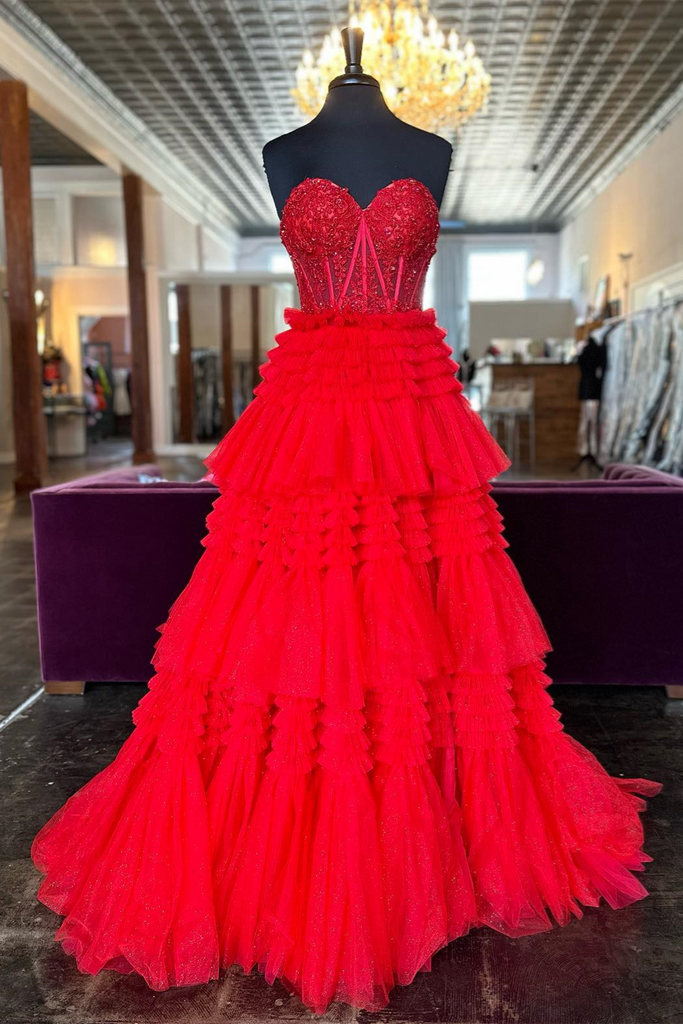 Sweetheart Red Strapless Sequin Long Prom Dress With Multi-Layers