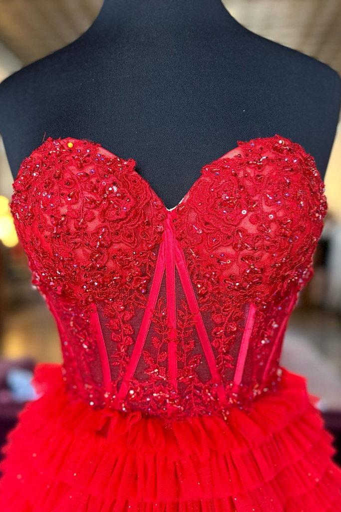 Sweetheart Red Strapless Sequin Long Prom Dress With Multi-Layers