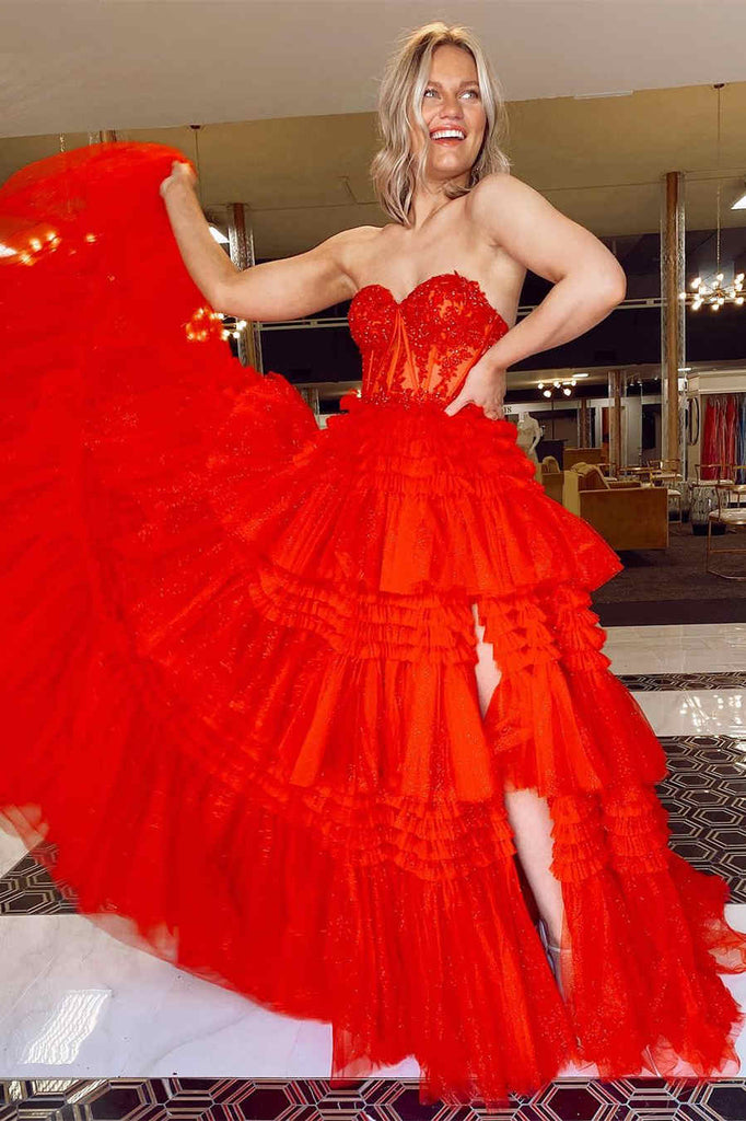 Sweetheart Red Strapless Sequin Long Prom Dress With Multi-Layers