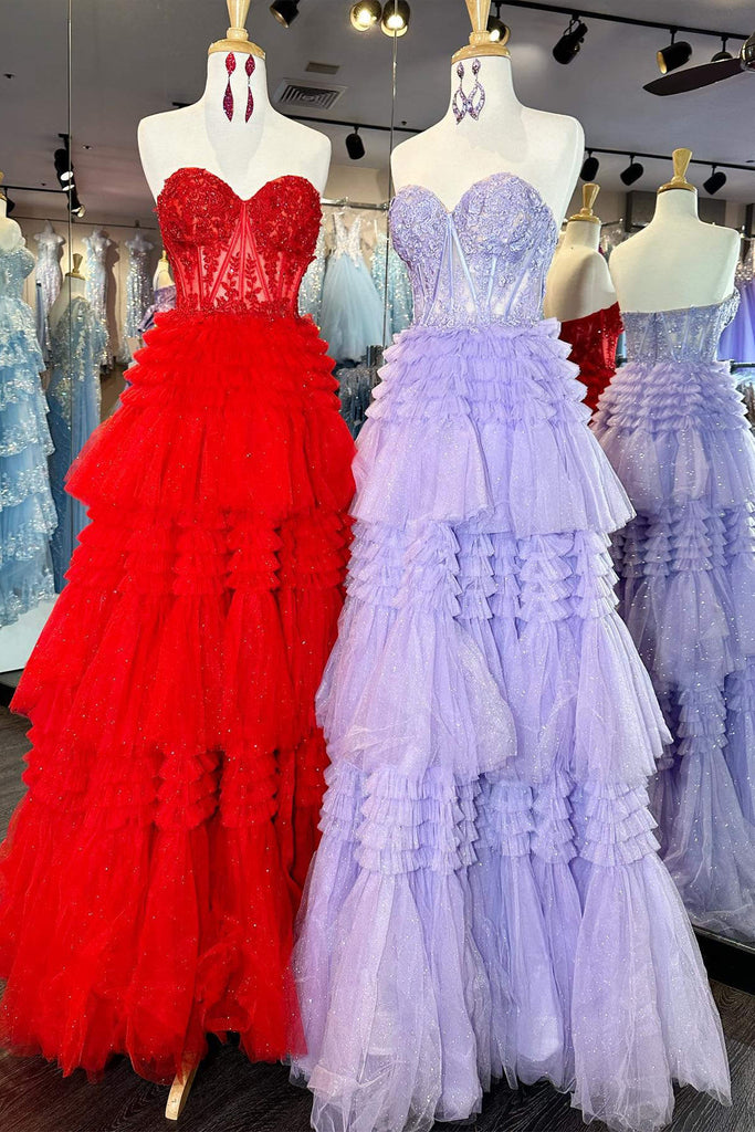 Sweetheart Red Strapless Sequin Long Prom Dress With Multi-Layers