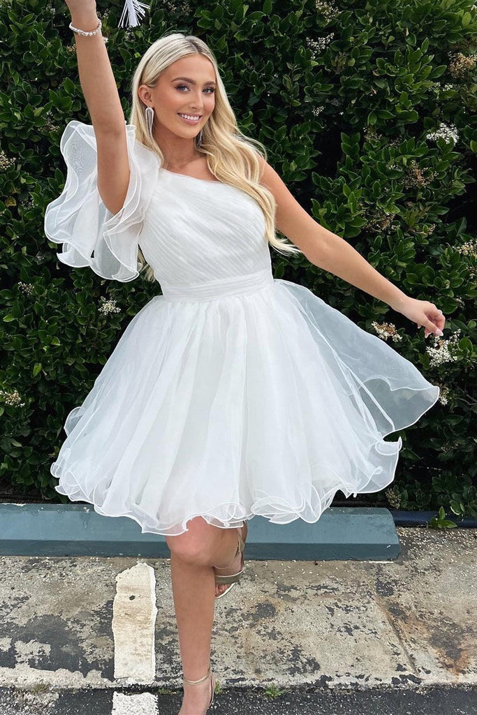 One Shoulder White Tulle Short Homecoming Dress With Ruffles