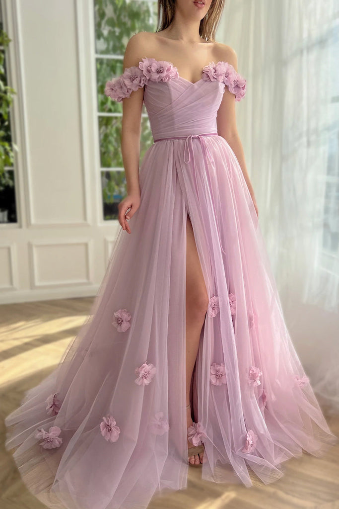 Off the Shoulder Lilac Short Sleeves Long Prom Dress With 3D Applique