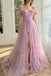 Off the Shoulder Lilac Short Sleeves Long Prom Dress With 3D Applique