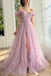 Off the Shoulder Lilac Short Sleeves Long Prom Dress With 3D Applique