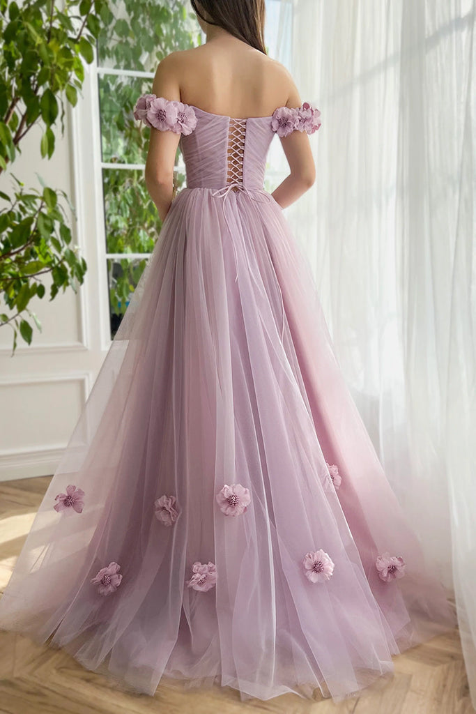 Off the Shoulder Lilac Short Sleeves Long Prom Dress With 3D Applique