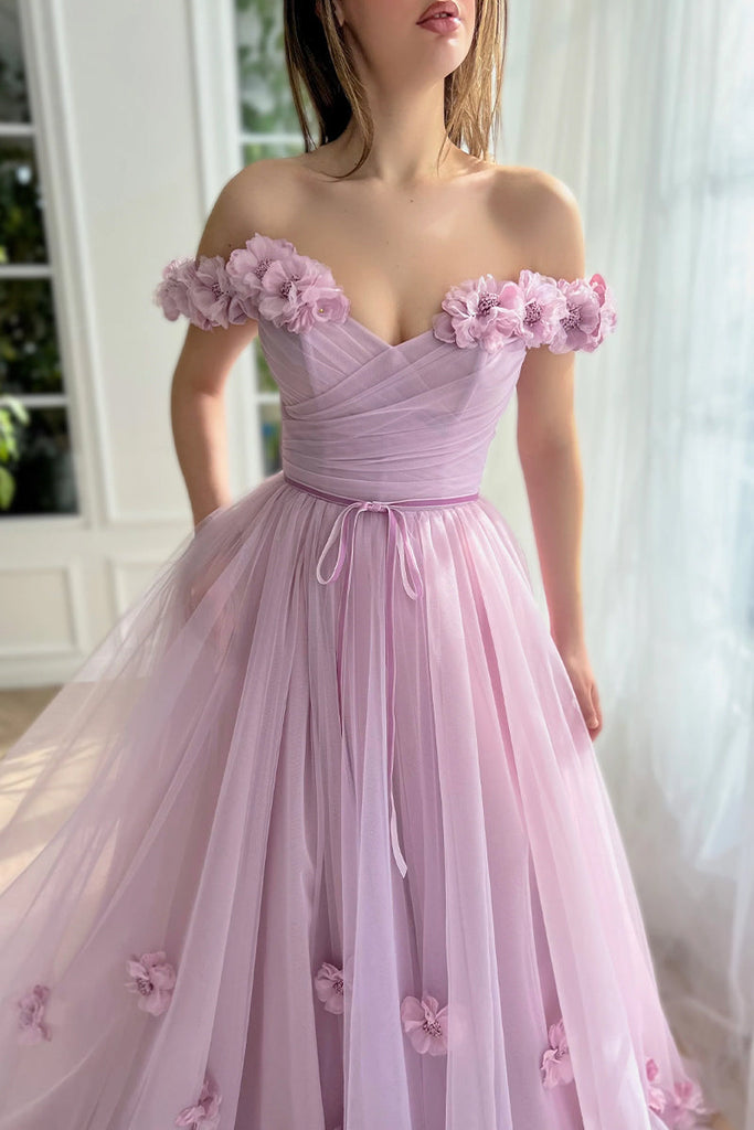 Off the Shoulder Lilac Short Sleeves Long Prom Dress With 3D Applique