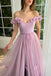 Off the Shoulder Lilac Short Sleeves Long Prom Dress With 3D Applique