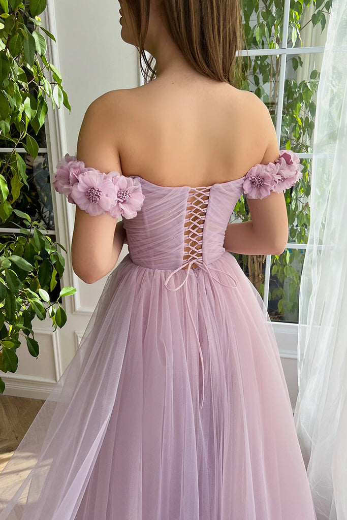 Off the Shoulder Lilac Short Sleeves Long Prom Dress With 3D Applique