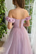 Off the Shoulder Lilac Short Sleeves Long Prom Dress With 3D Applique