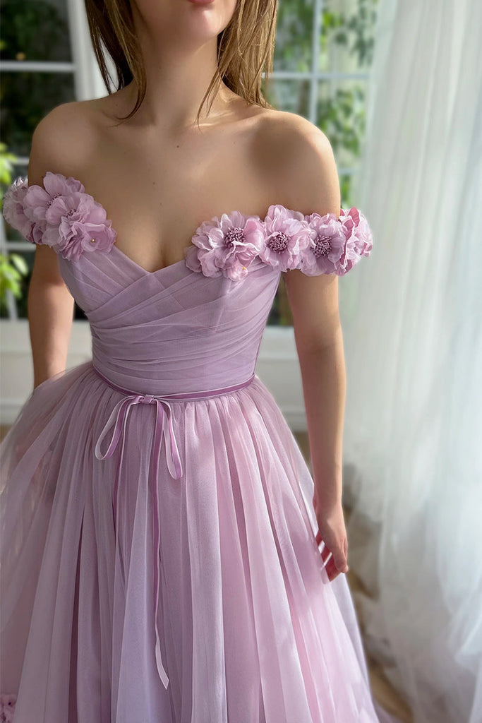 Off the Shoulder Lilac Short Sleeves Long Prom Dress With 3D Applique