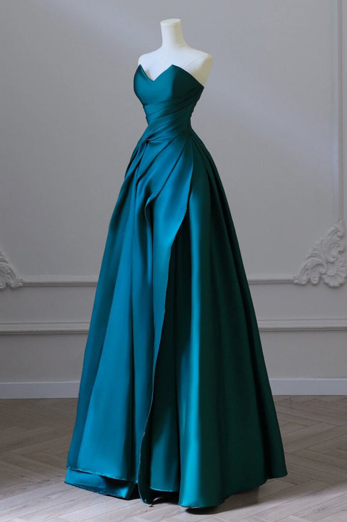Strapless Green Backless Satin Long Prom Dress, A-Line Long Evening Dress