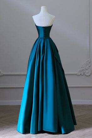 Strapless Green Backless Satin Long Prom Dress, A-Line Long Evening Dress