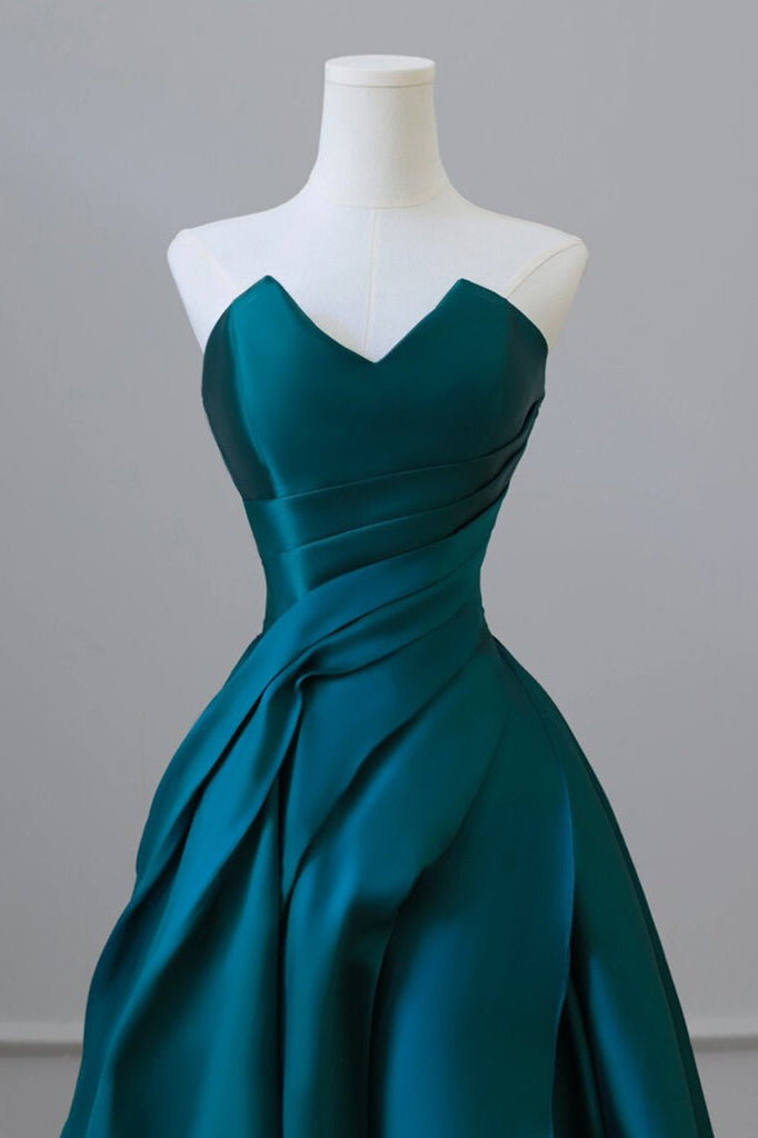 Strapless Green Backless Satin Long Prom Dress, A-Line Long Evening Dress