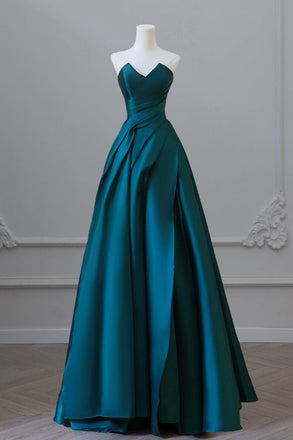 Strapless Green Backless Satin Long Prom Dress, A-Line Long Evening Dress