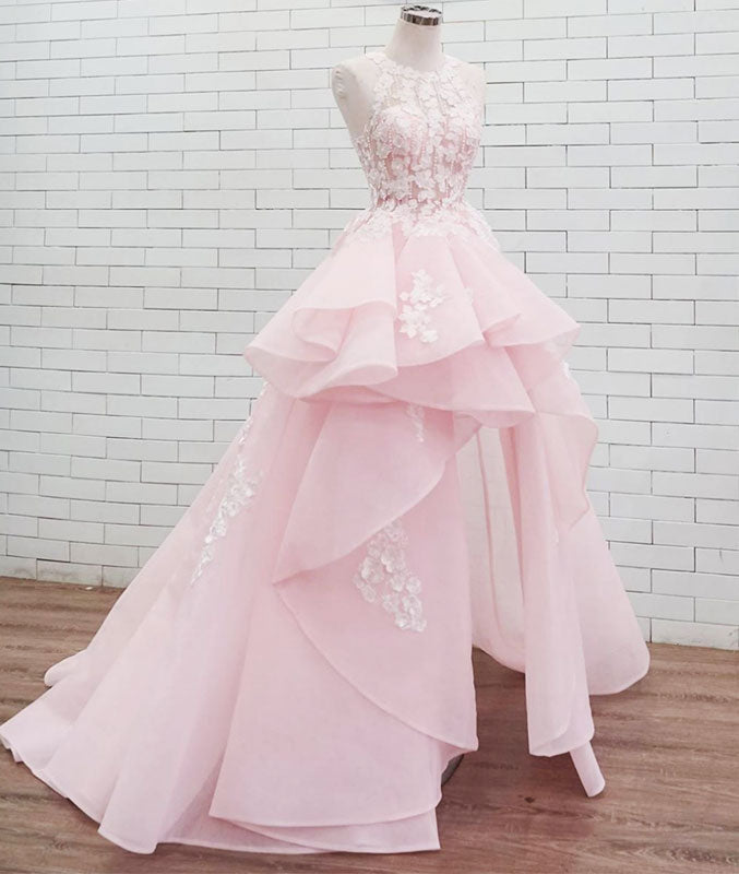 Princess Pink Lace Strapless Long Prom Party Dress, Tulle Sweet 16 Dress