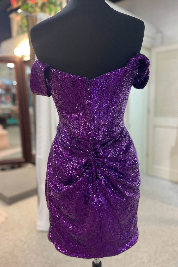 Shiny Fuchsia Off the shoulder Mini Homecoming Dress With Sequins
