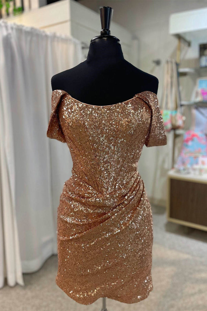 Shiny Fuchsia Off the shoulder Mini Homecoming Dress With Sequins