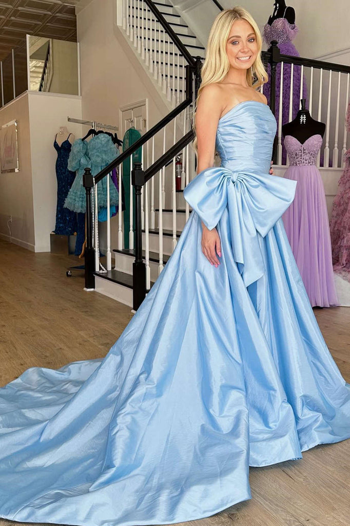 Strapless Light Blue A Line Satin Split Long Prom Dress With Bow