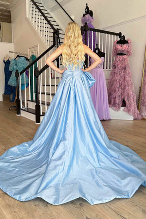 Strapless Light Blue A Line Satin Split Long Prom Dress With Bow