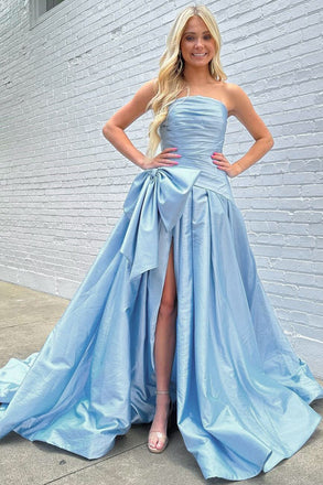 Strapless Light Blue A Line Satin Split Long Prom Dress With Bow