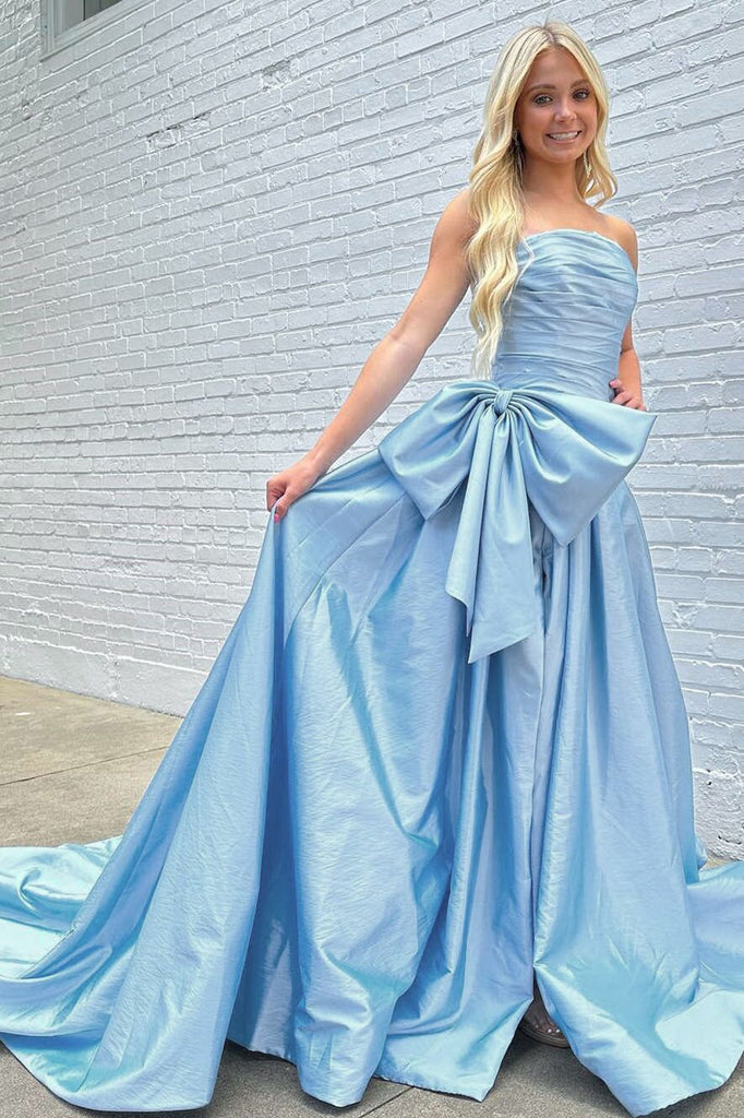 Strapless Light Blue A Line Satin Split Long Prom Dress With Bow