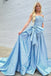 Strapless Light Blue A Line Satin Split Long Prom Dress With Bow